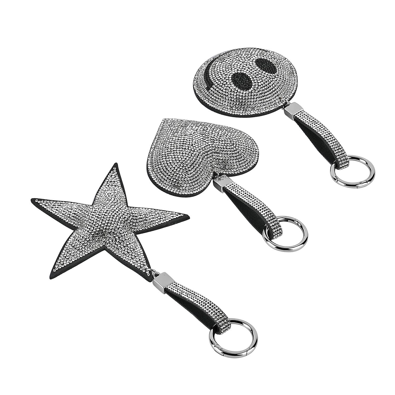Set of 3 Crystal Keychain (Pattern - Star, Smile Face - Heart Shapes) - Silver