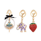 Set of 3 Keychains Decorated with Sparkling Rhinestones - (Strawberry, Elephant - Fairies)