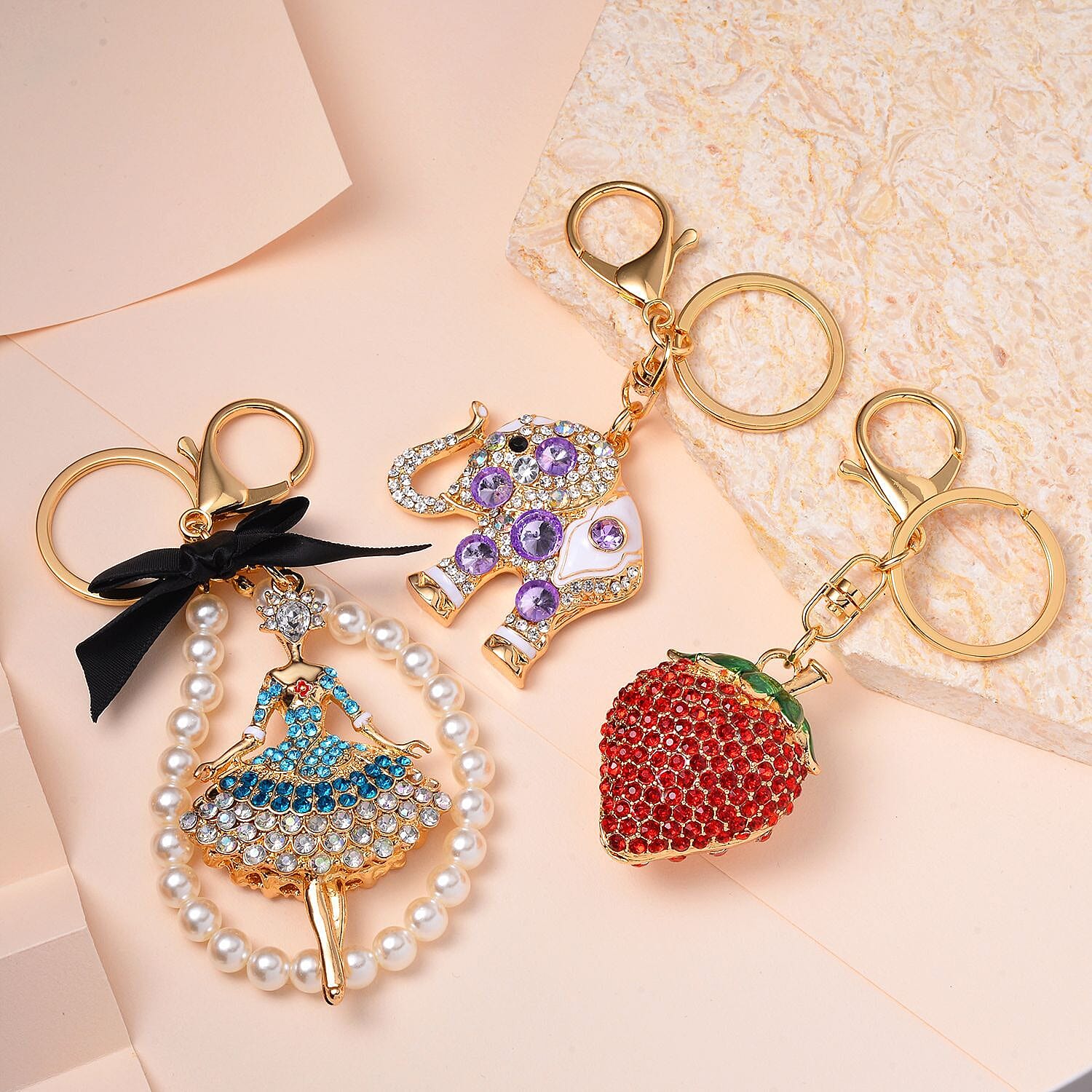 Set of 3 Keychains Decorated with Sparkling Rhinestones - (Strawberry, Elephant - Fairies)