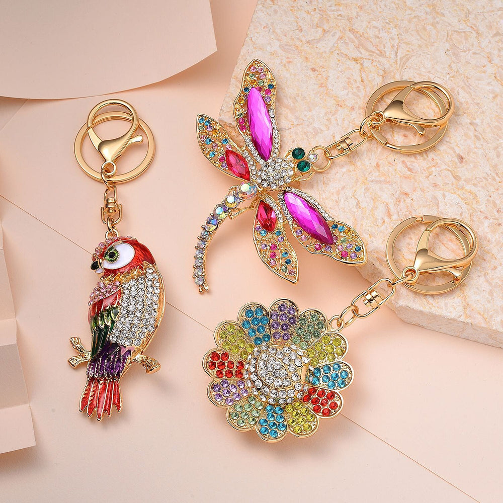Set of 3 Keychains Decorated with Sparkling Rhinestones - (Sunflower, Owl, - Dragonfly)