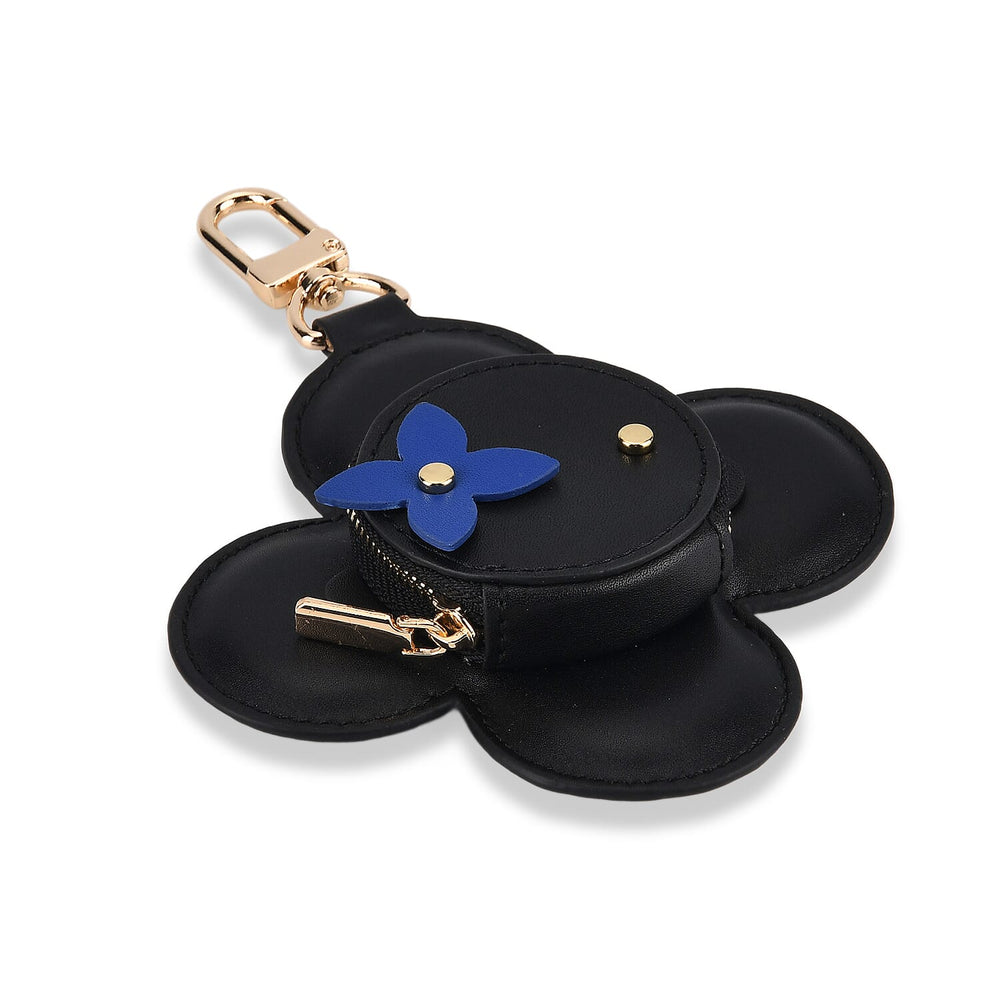 Genuine Leather Flower Keychain Bag Charm - Zipped Mini Coin Purse - Black