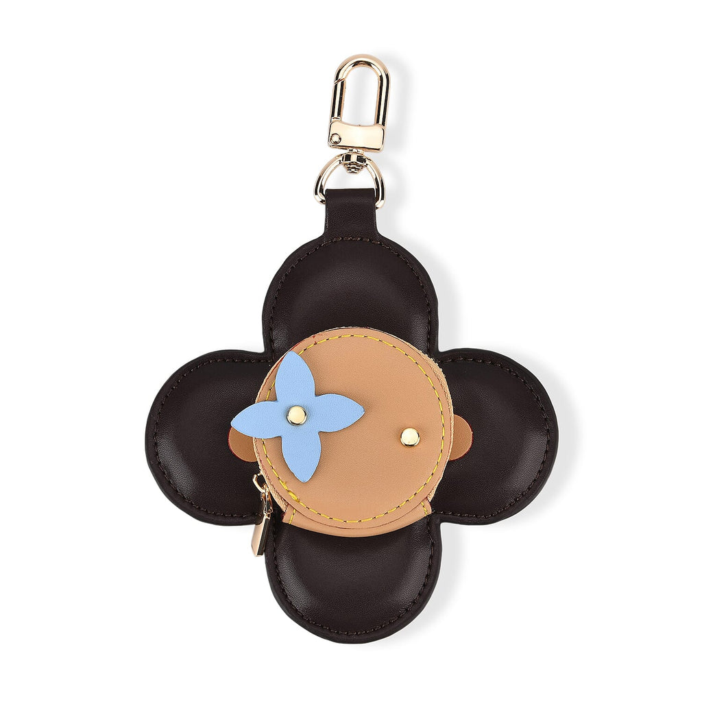 Genuine Leather Flower Keychain Bag Charm - Zipped Mini Coin Purse - Black & Khaki
