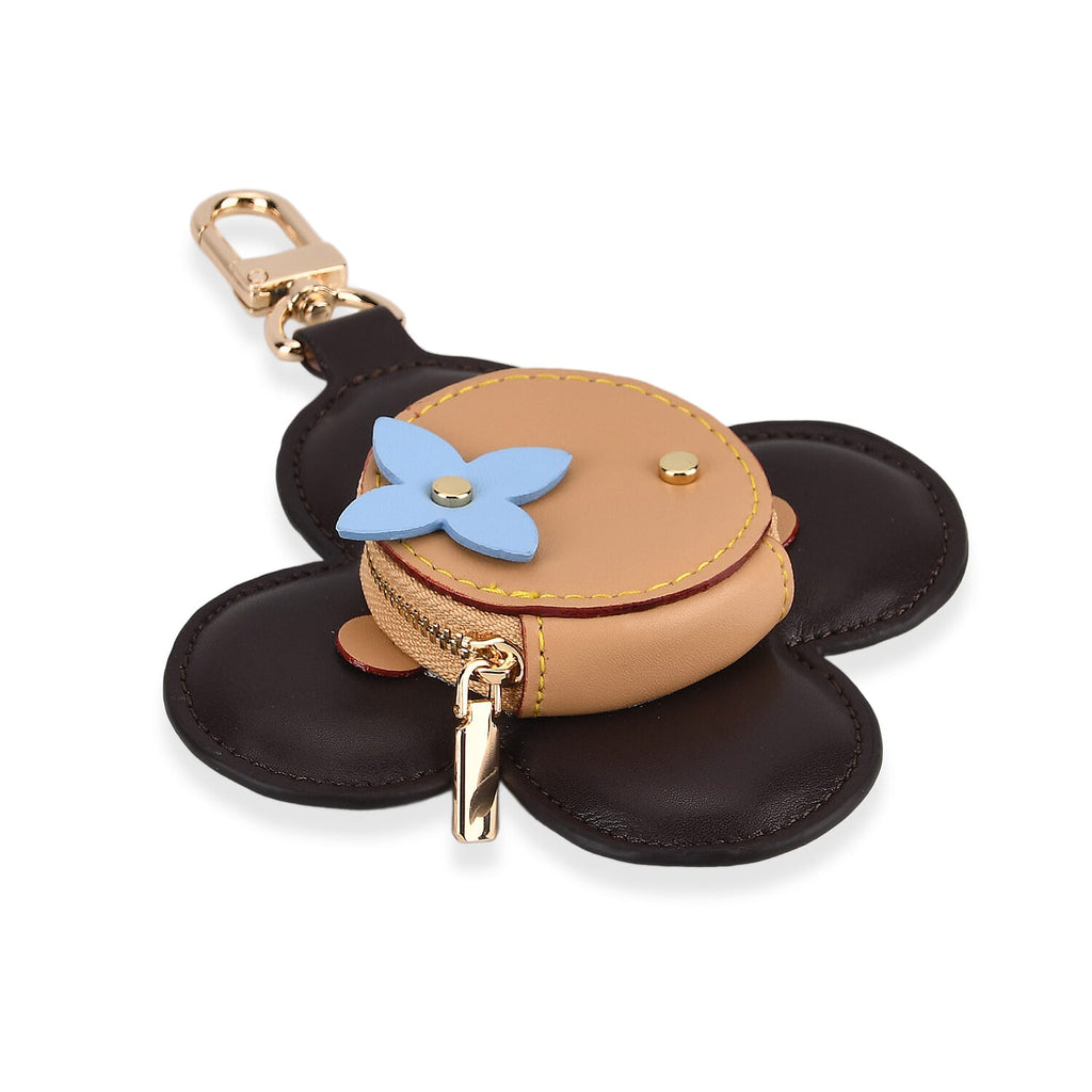 Genuine Leather Flower Keychain Bag Charm - Zipped Mini Coin Purse - Black & Khaki