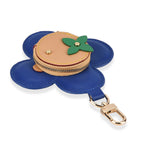 Genuine Leather Flower Keychain Bag Charm - Zipped Mini Coin Purse - Blue & Khaki
