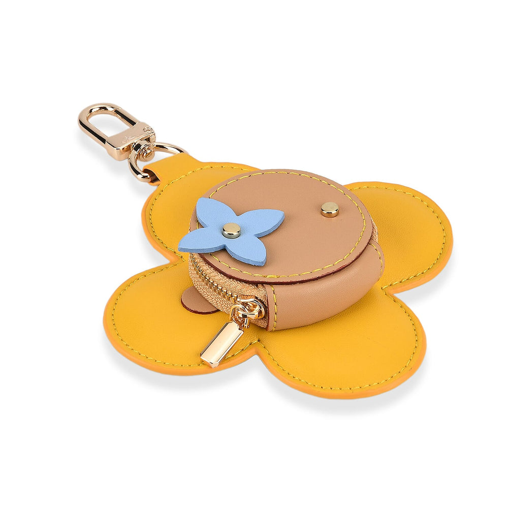Genuine Leather Flower Keychain Bag Charm - Zipped Mini Coin Purse - Yellow & Khaki