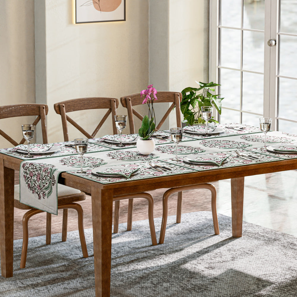 Set of 13 Cotton Screen Printed Table Mat With Runner - Napkin Set - Pink