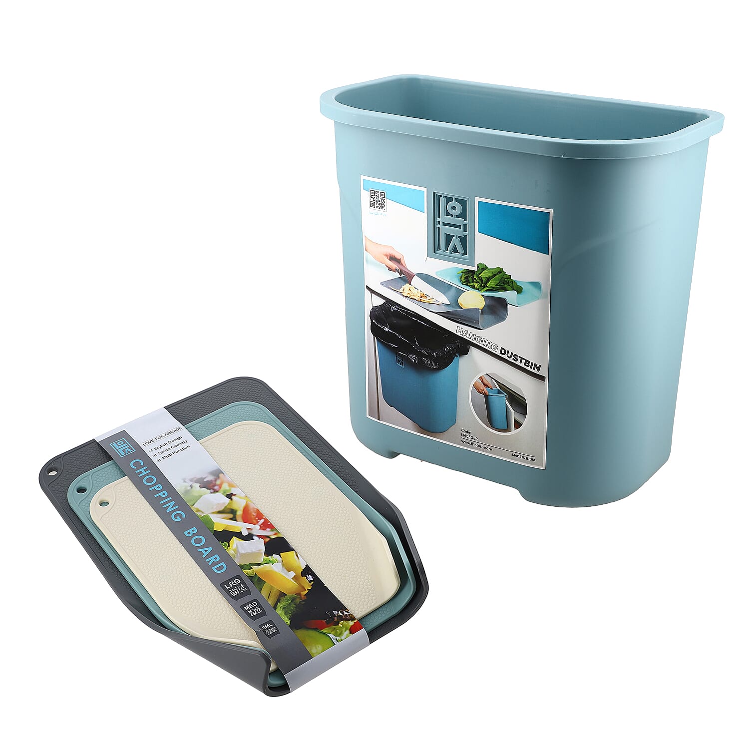 Set of 4 Lightweight Hanging Cabinet Garbage Bin with Chopping Boards (Size 27x17x27 cm) - Blue & Grey