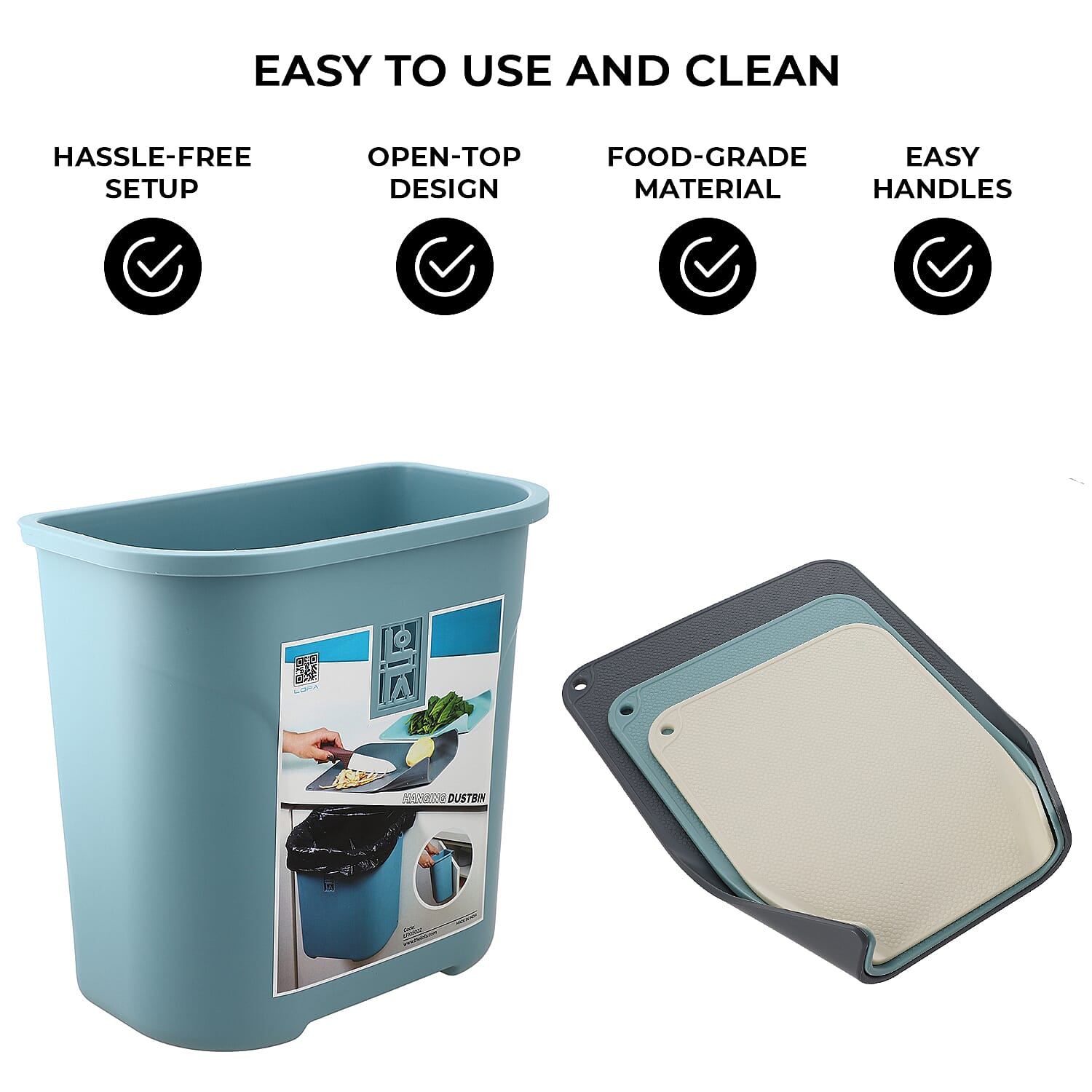 Set of 4 Lightweight Hanging Cabinet Garbage Bin with Chopping Boards (Size 27x17x27 cm) - Blue & Grey
