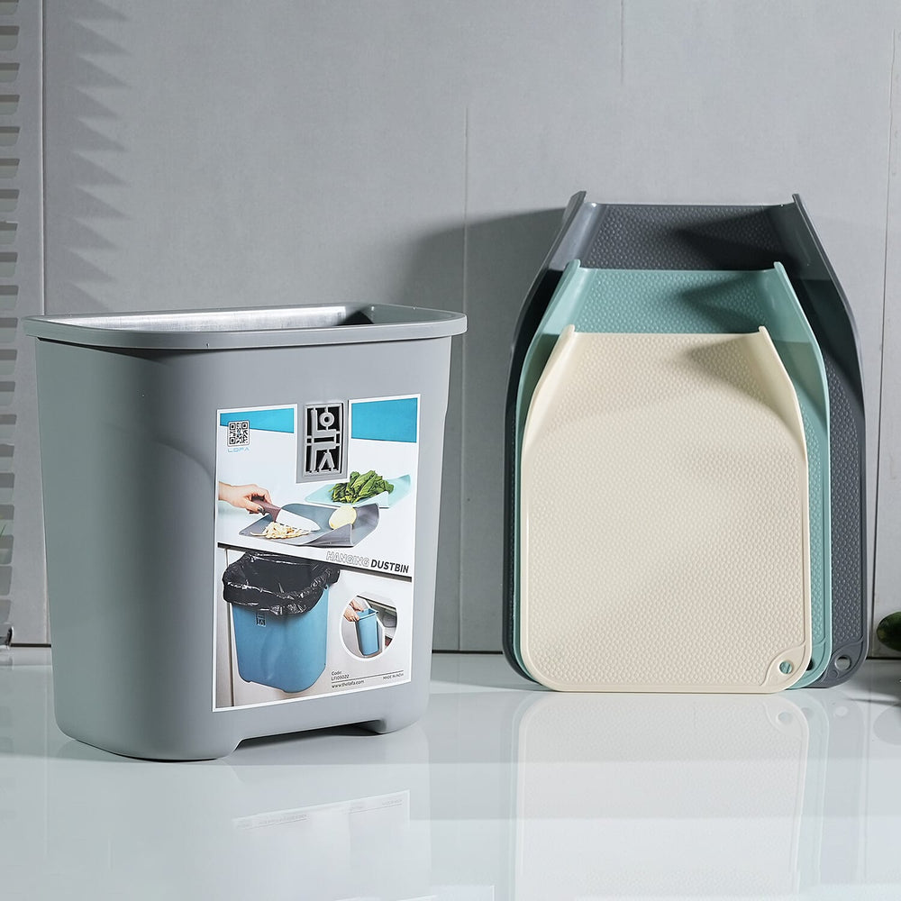 4 Piece Set - Lightweight Hanging Cabinet Garbage Bin with Chopping Board - Grey