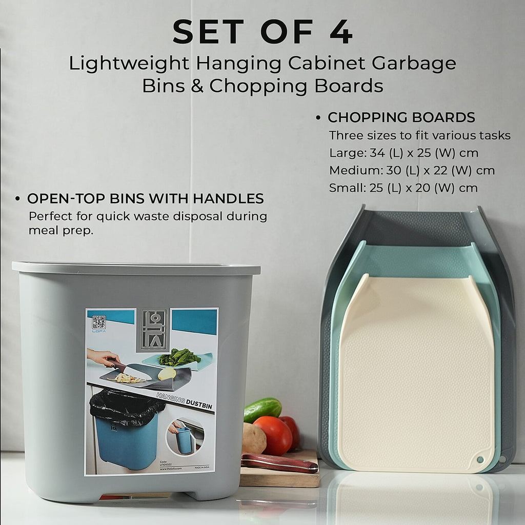 4 Piece Set - Lightweight Hanging Cabinet Garbage Bin with Chopping Board - Grey