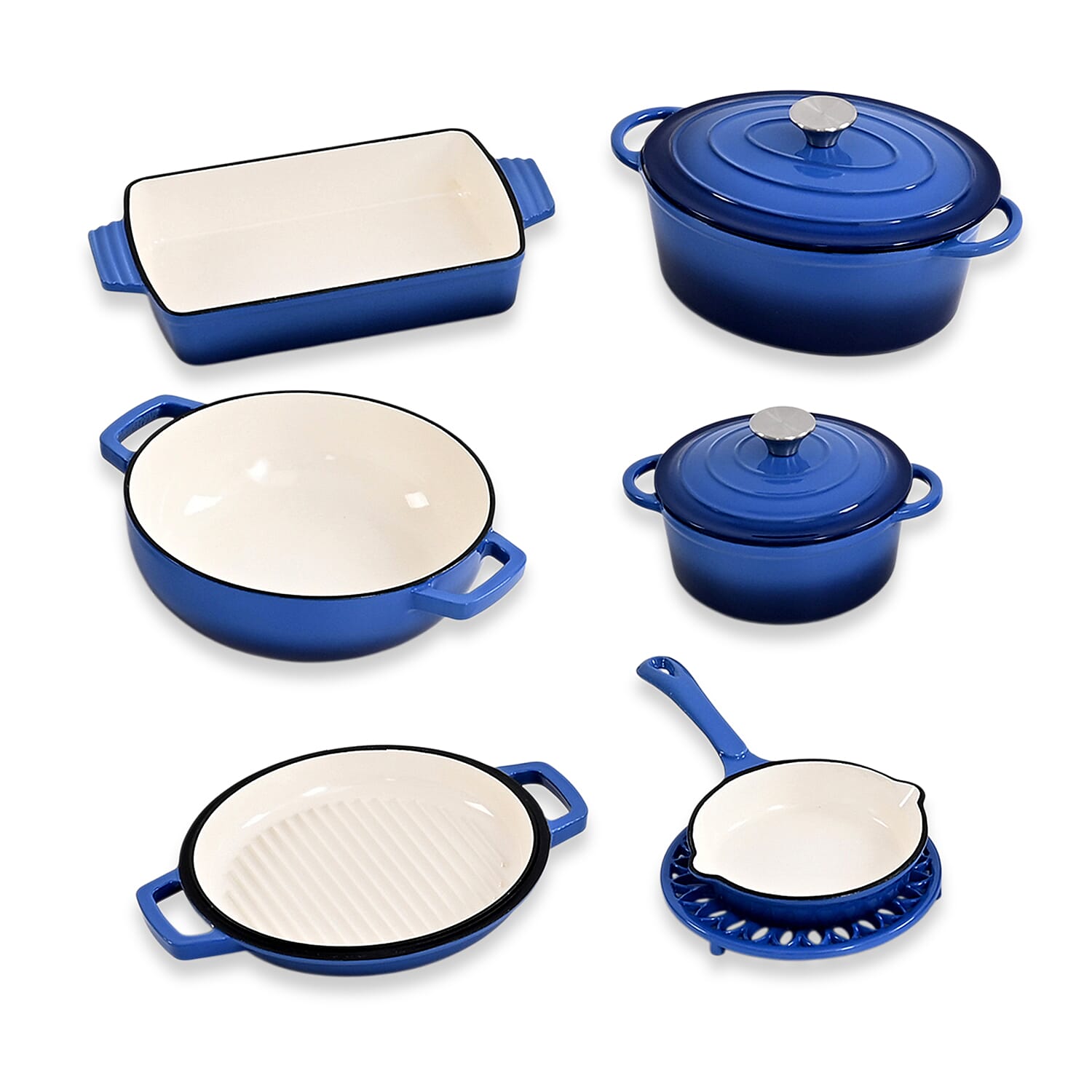 9 - Piece Cast Iron Cookware Set - 20cm Pot, Oval Casserole Dish, Roasting Pan - Skillet - Blue - White
