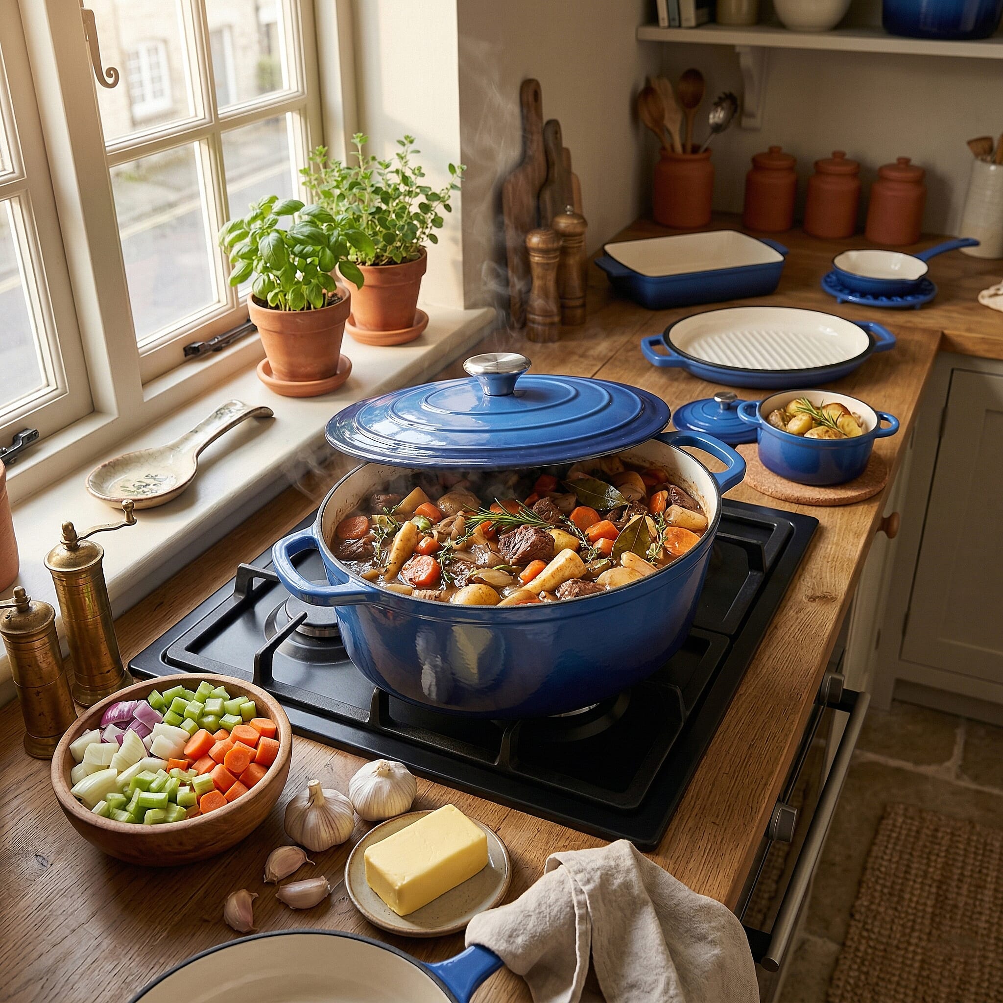 9 - Piece Cast Iron Cookware Set - 20cm Pot, Oval Casserole Dish, Roasting Pan - Skillet - Blue - White