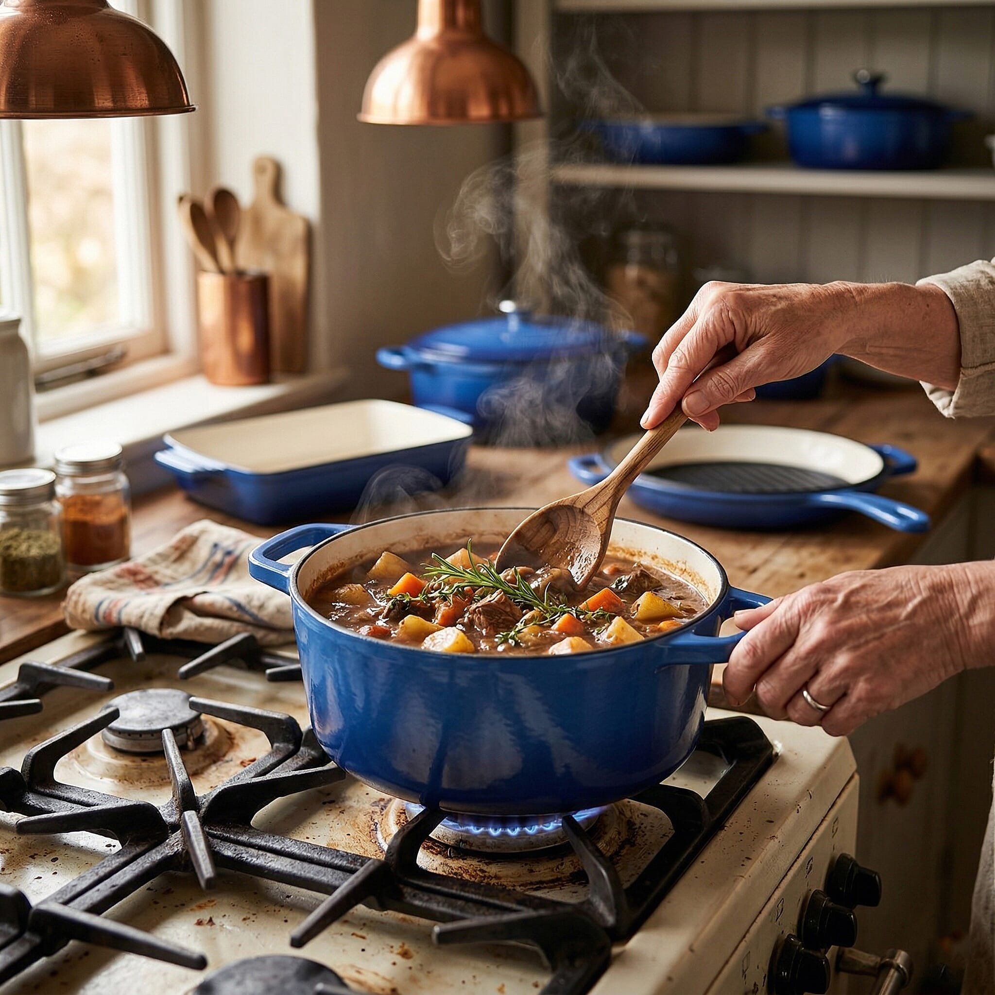 9 - Piece Cast Iron Cookware Set - 20cm Pot, Oval Casserole Dish, Roasting Pan - Skillet - Blue - White