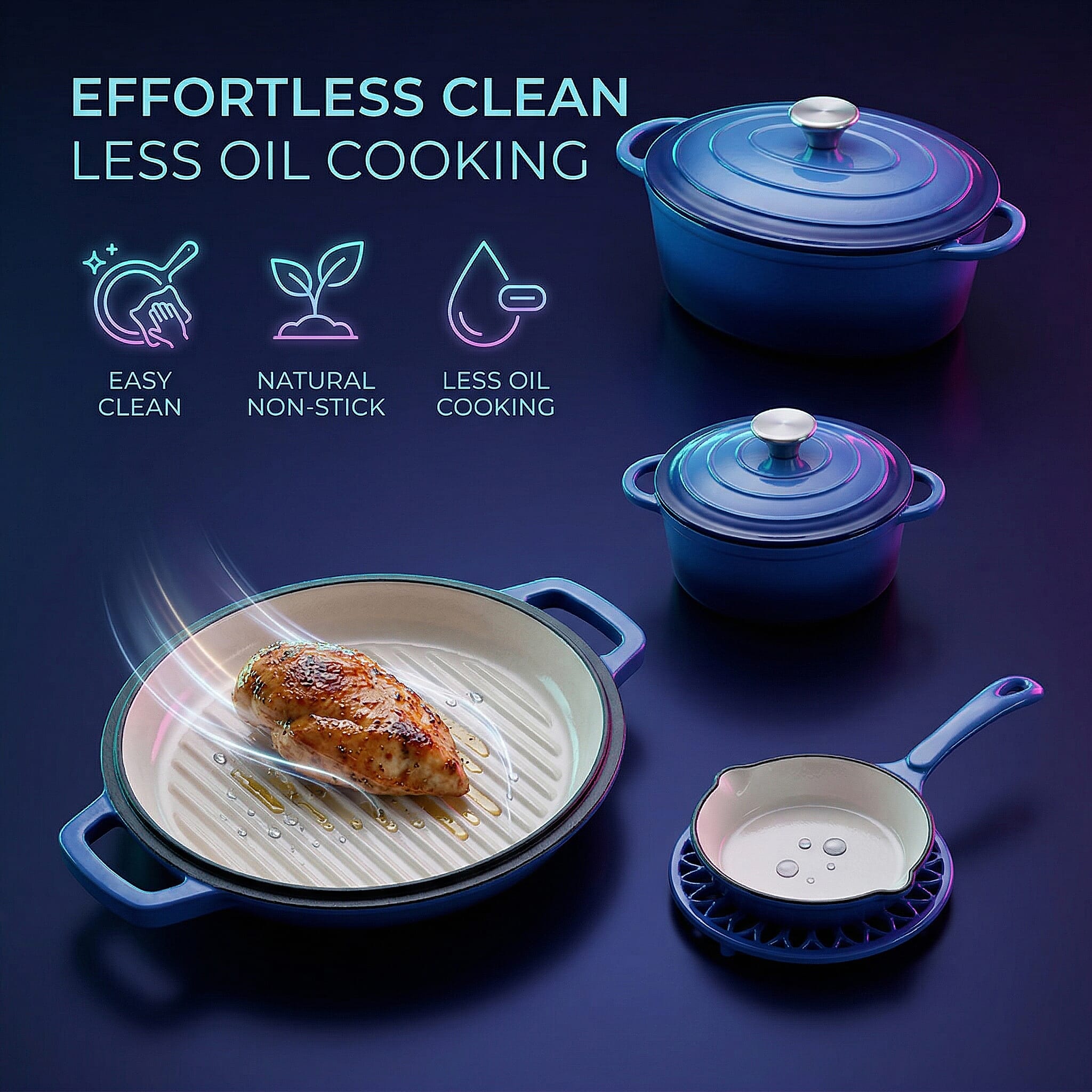 9 - Piece Cast Iron Cookware Set - 20cm Pot, Oval Casserole Dish, Roasting Pan - Skillet - Blue - White