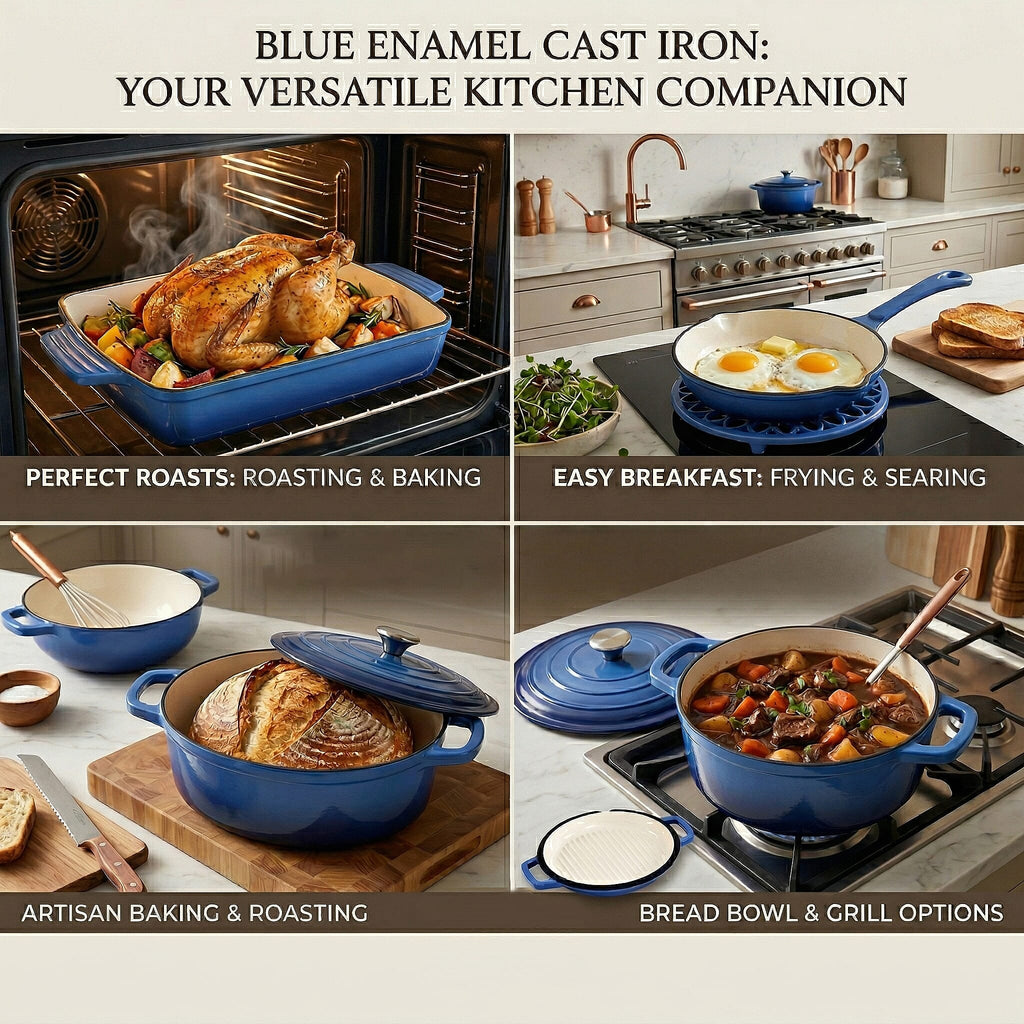 9 - Piece Cast Iron Cookware Set - 20cm Pot, Oval Casserole Dish, Roasting Pan - Skillet - Blue - White