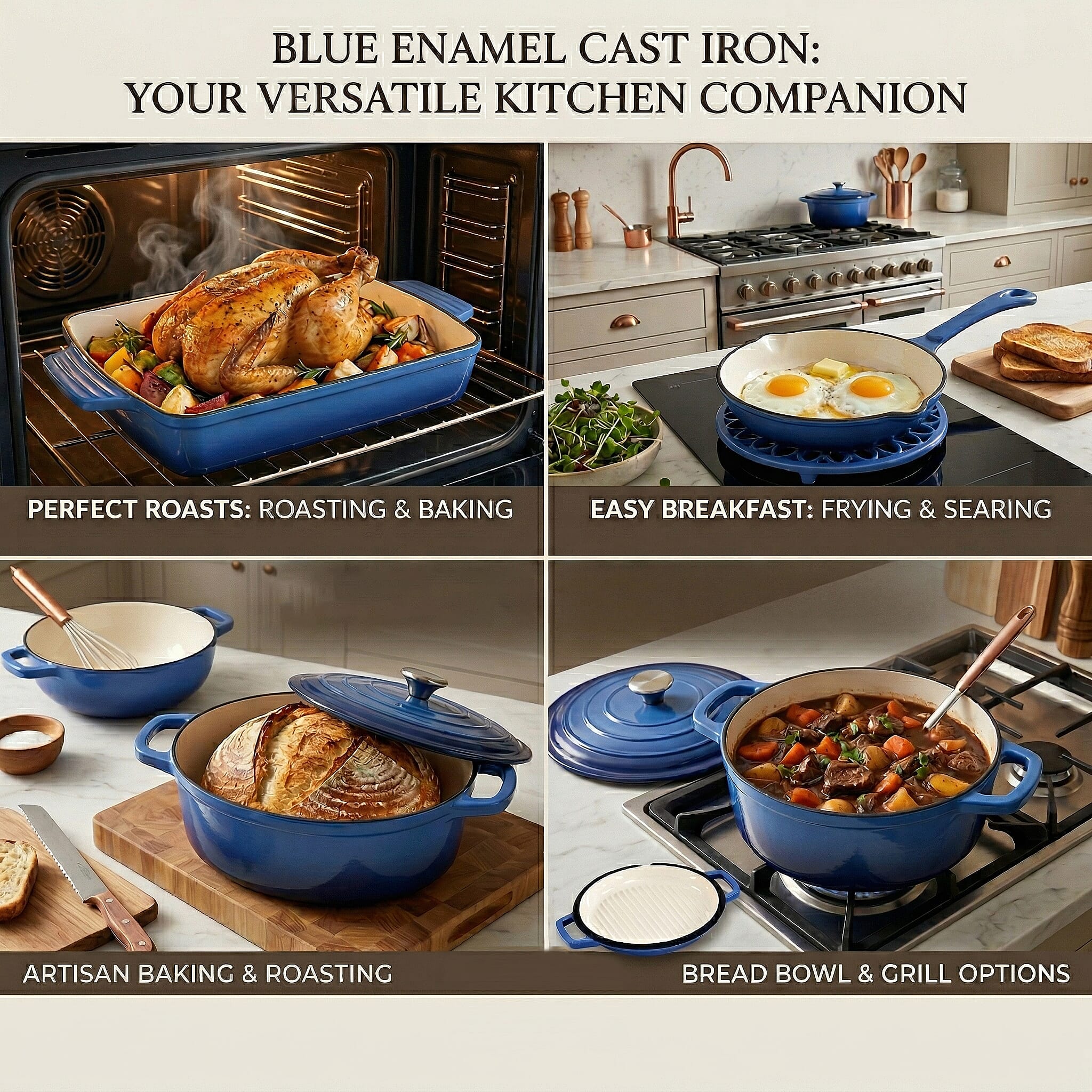 9 - Piece Cast Iron Cookware Set - 20cm Pot, Oval Casserole Dish, Roasting Pan - Skillet - Blue - White