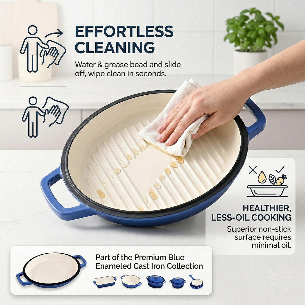 9 - Piece Cast Iron Cookware Set - 20cm Pot, Oval Casserole Dish, Roasting Pan - Skillet - Blue - White