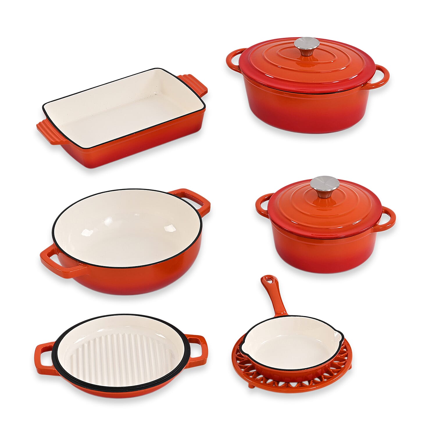 9 - Piece Cast Iron Cookware Set - 20cm Pot, Oval Casserole Dish, Roasting Pan - Skillet - Orange - White