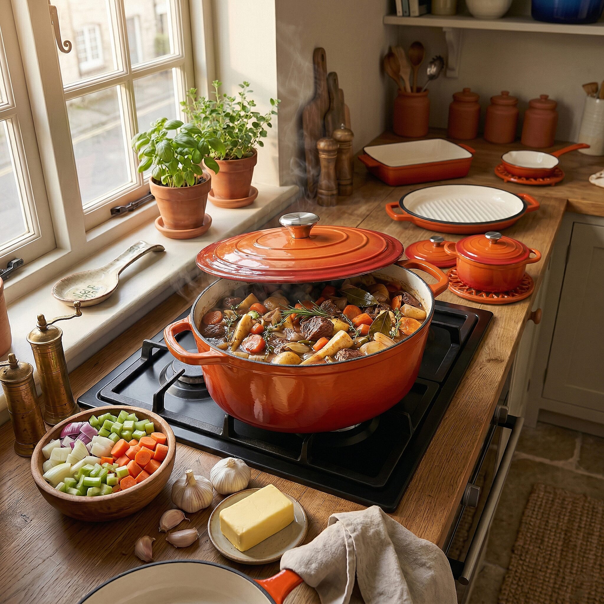 9 - Piece Cast Iron Cookware Set - 20cm Pot, Oval Casserole Dish, Roasting Pan - Skillet - Orange - White