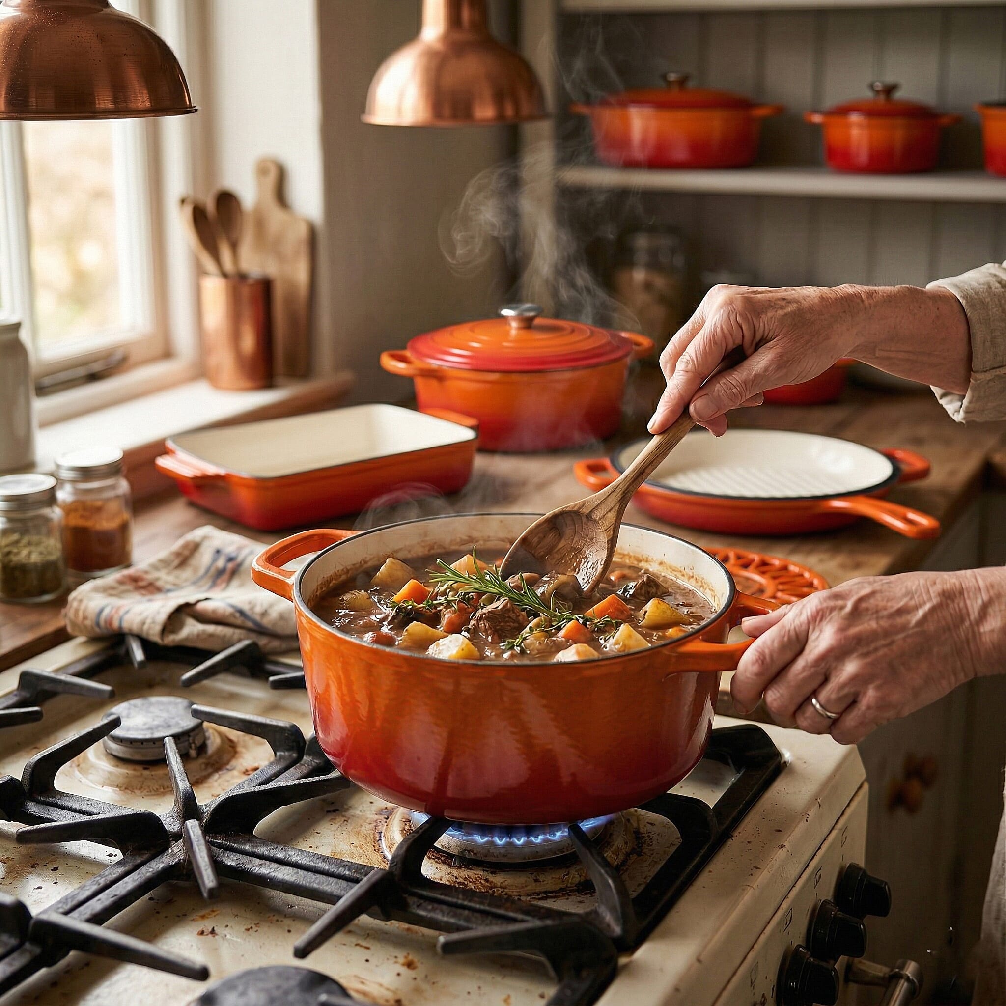 9 - Piece Cast Iron Cookware Set - 20cm Pot, Oval Casserole Dish, Roasting Pan - Skillet - Orange - White