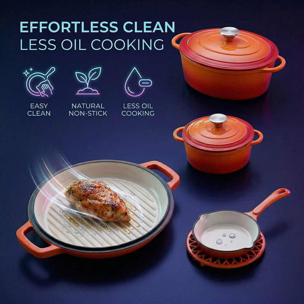9 - Piece Cast Iron Cookware Set - 20cm Pot, Oval Casserole Dish, Roasting Pan - Skillet - Orange - White
