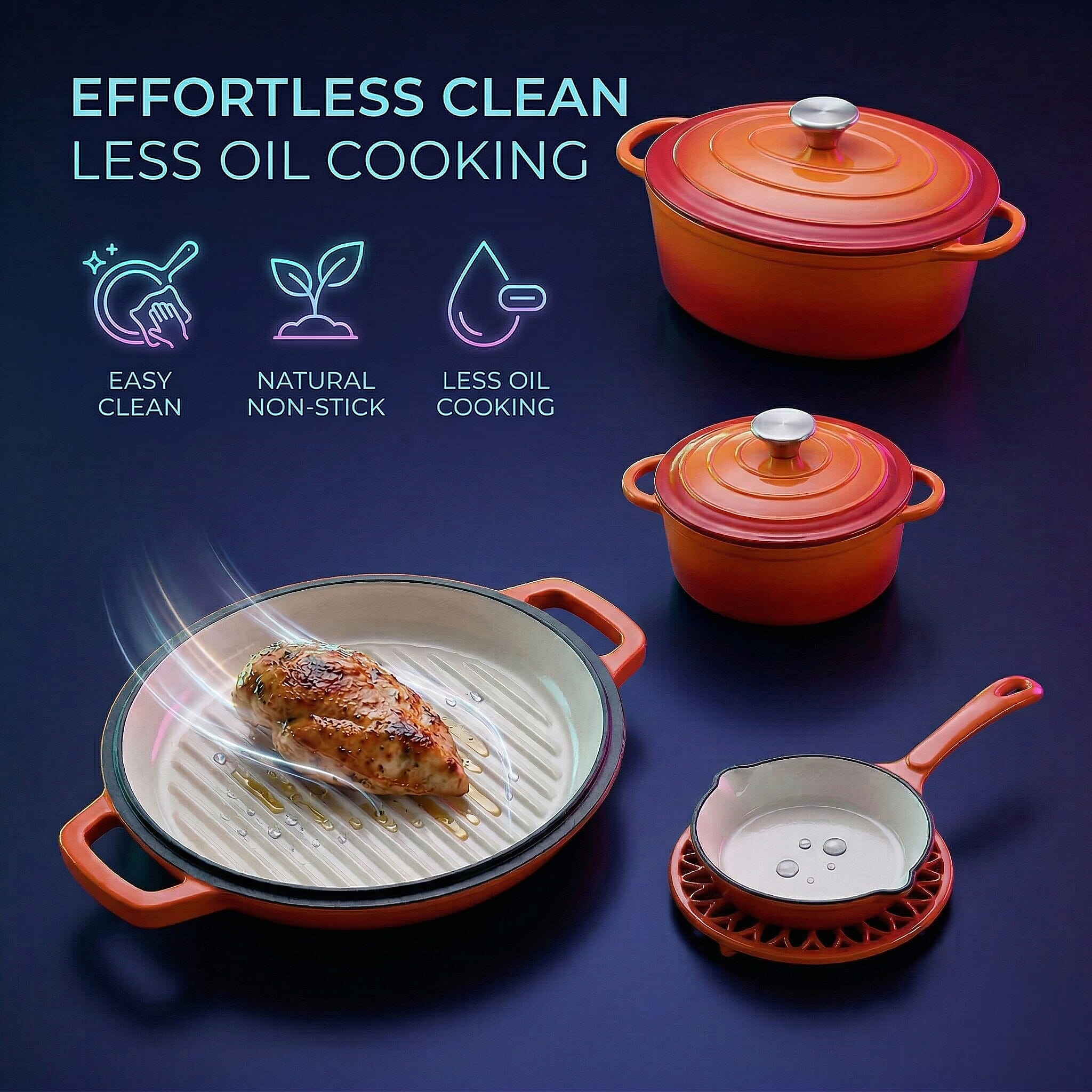 9 - Piece Cast Iron Cookware Set - 20cm Pot, Oval Casserole Dish, Roasting Pan - Skillet - Orange - White