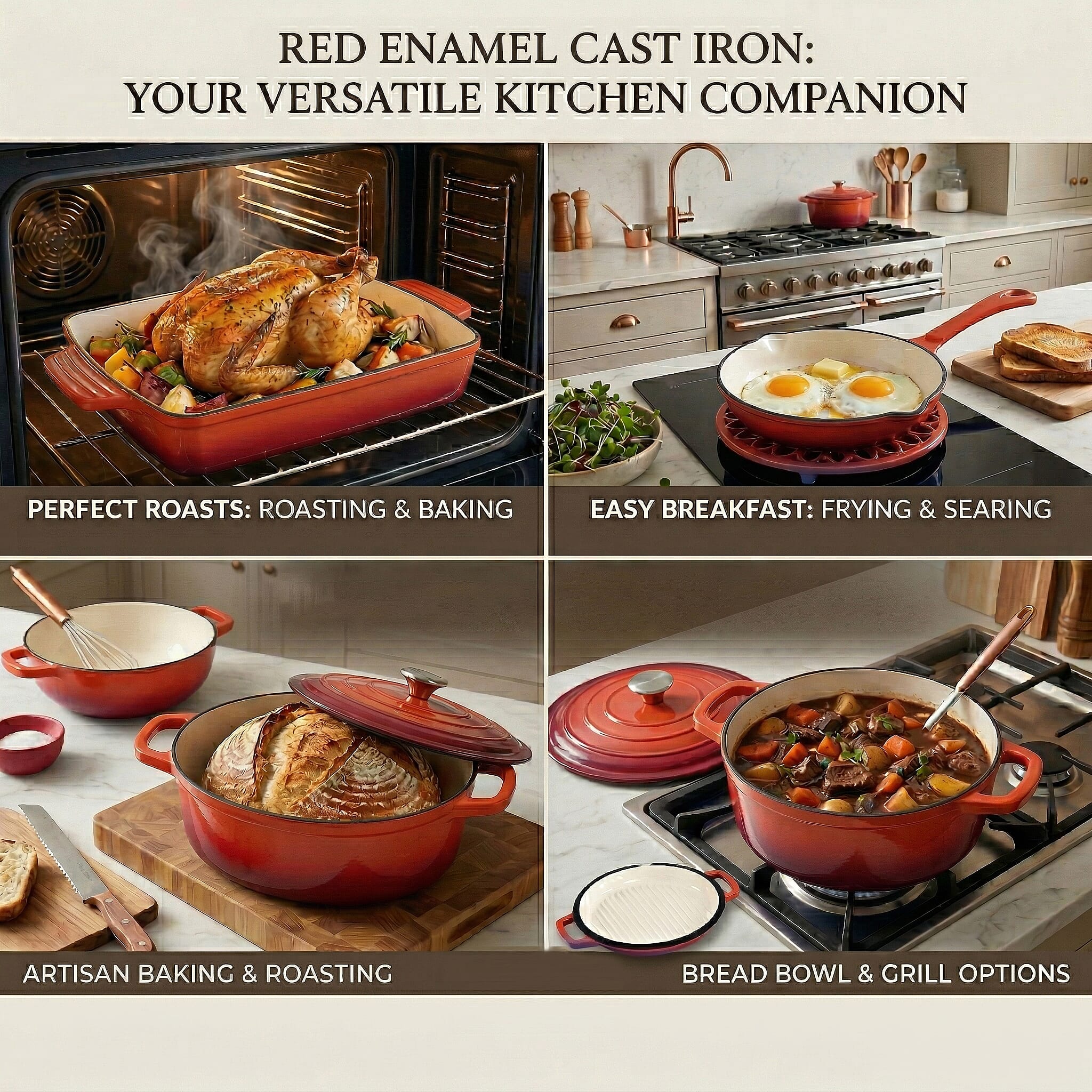 9 - Piece Cast Iron Cookware Set - 20cm Pot, Oval Casserole Dish, Roasting Pan - Skillet - Orange - White