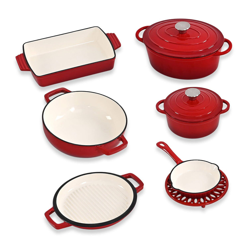 9 - Piece Cast Iron Cookware Set - 20cm Pot, Oval Casserole Dish, Roasting Pan - Skillet - Red - White