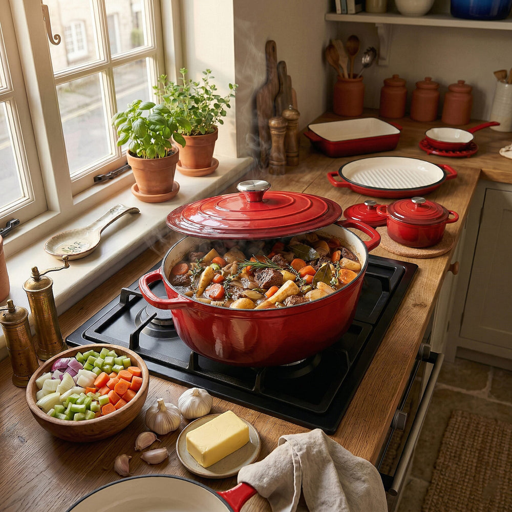 9 - Piece Cast Iron Cookware Set - 20cm Pot, Oval Casserole Dish, Roasting Pan - Skillet - Red - White