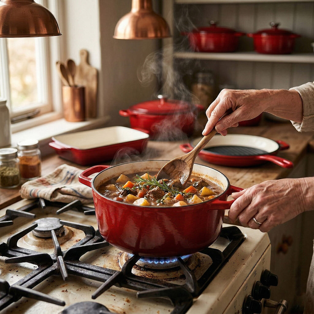9 - Piece Cast Iron Cookware Set - 20cm Pot, Oval Casserole Dish, Roasting Pan - Skillet - Red - White