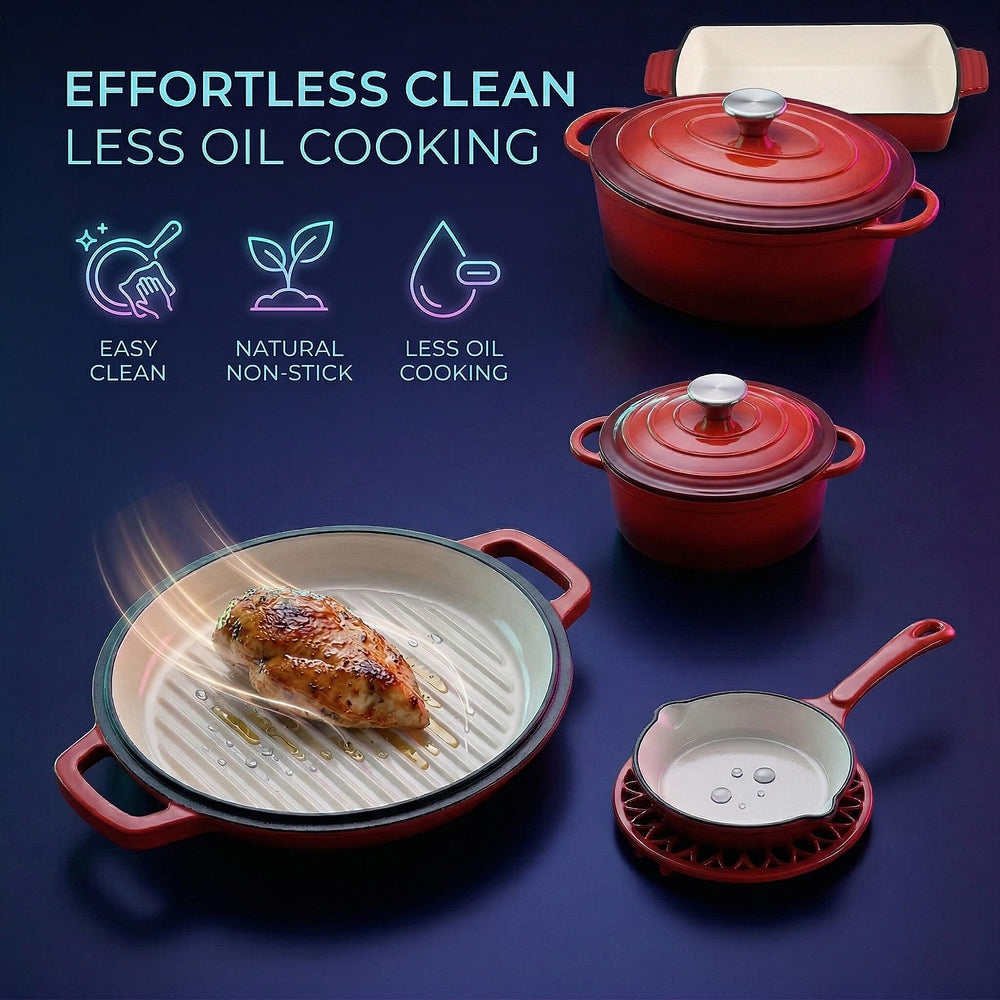 9 - Piece Cast Iron Cookware Set - 20cm Pot, Oval Casserole Dish, Roasting Pan - Skillet - Red - White