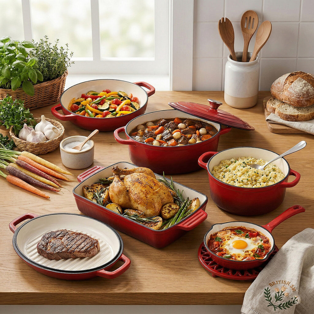 9 - Piece Cast Iron Cookware Set - 20cm Pot, Oval Casserole Dish, Roasting Pan - Skillet - Red - White