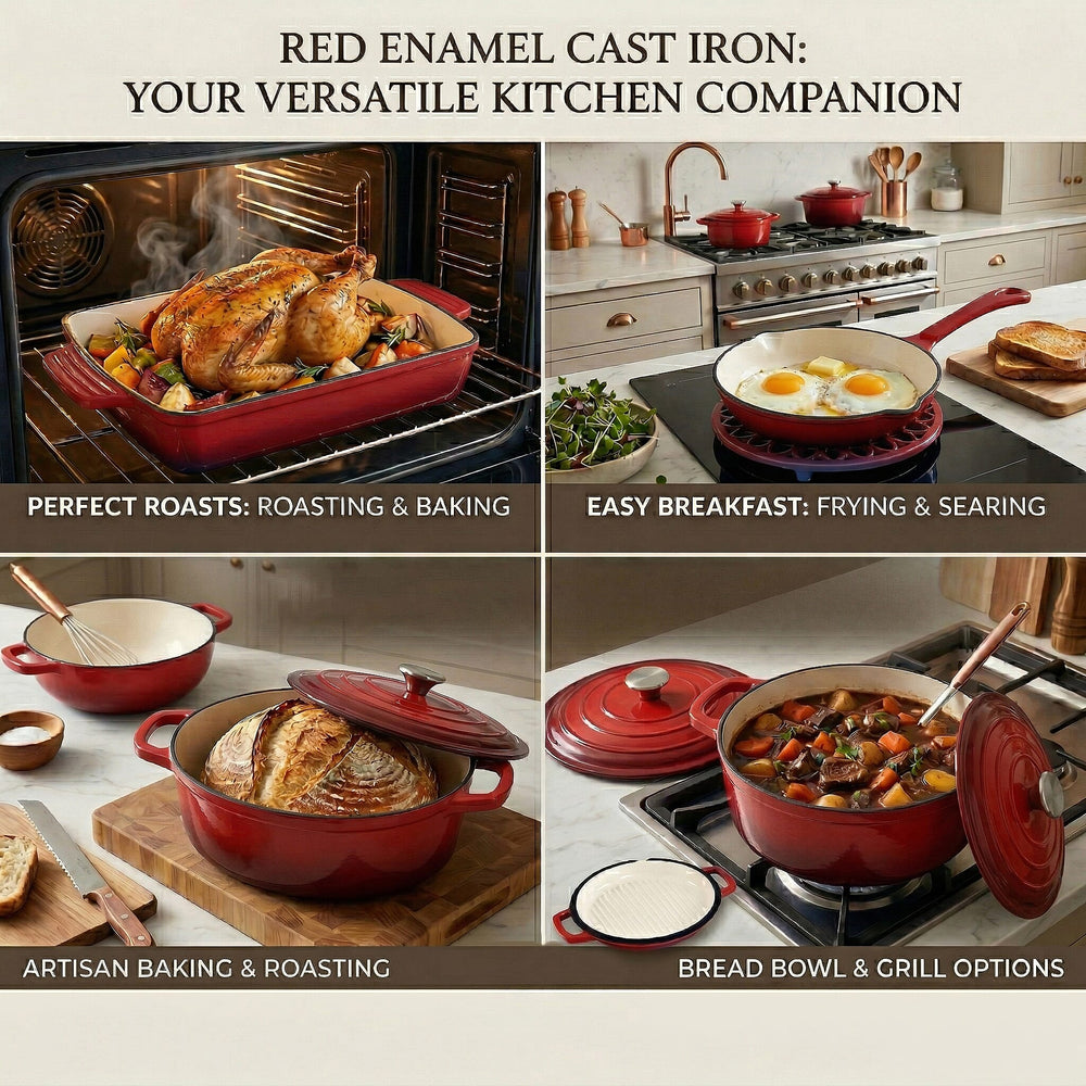 9 - Piece Cast Iron Cookware Set - 20cm Pot, Oval Casserole Dish, Roasting Pan - Skillet - Red - White