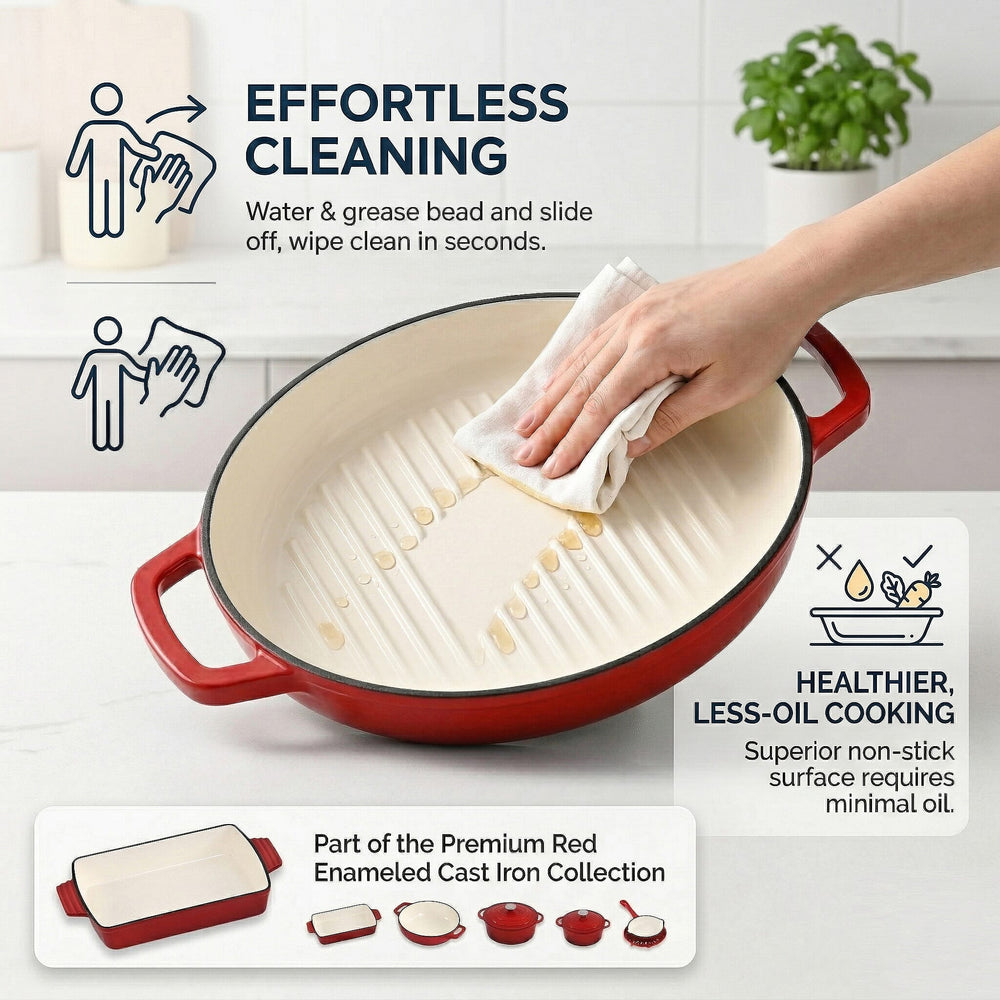 9 - Piece Cast Iron Cookware Set - 20cm Pot, Oval Casserole Dish, Roasting Pan - Skillet - Red - White