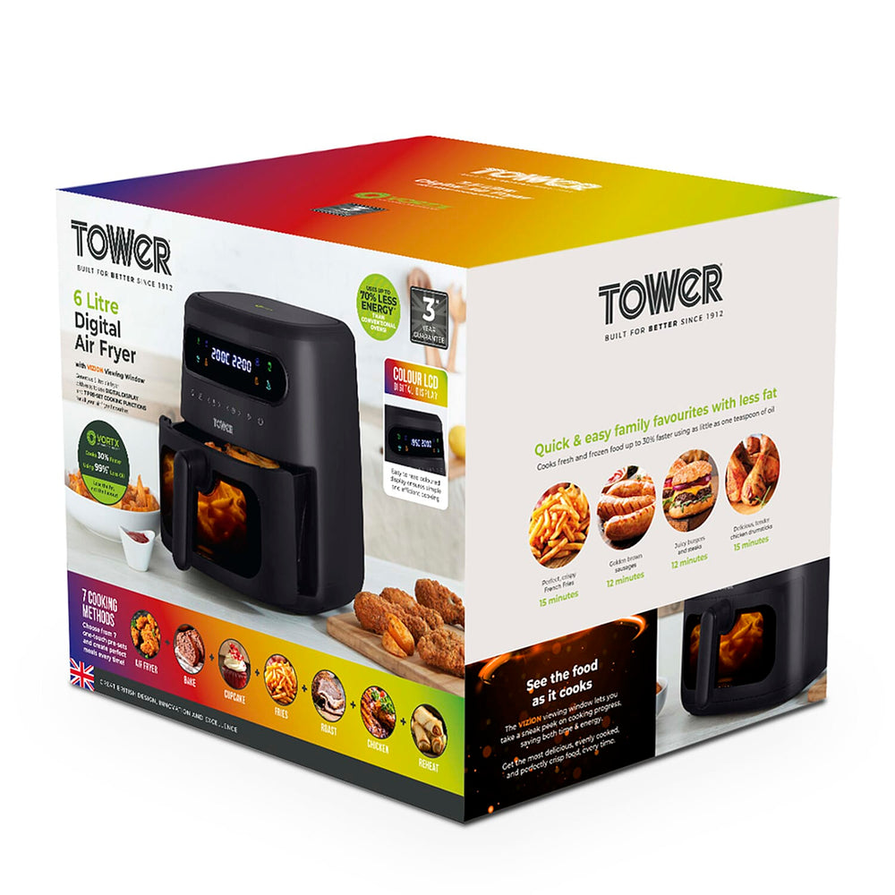 Tower- Vortx Vizion Air Fryer with Colour LCD Digital Display with 6 Litre Capacity - Black