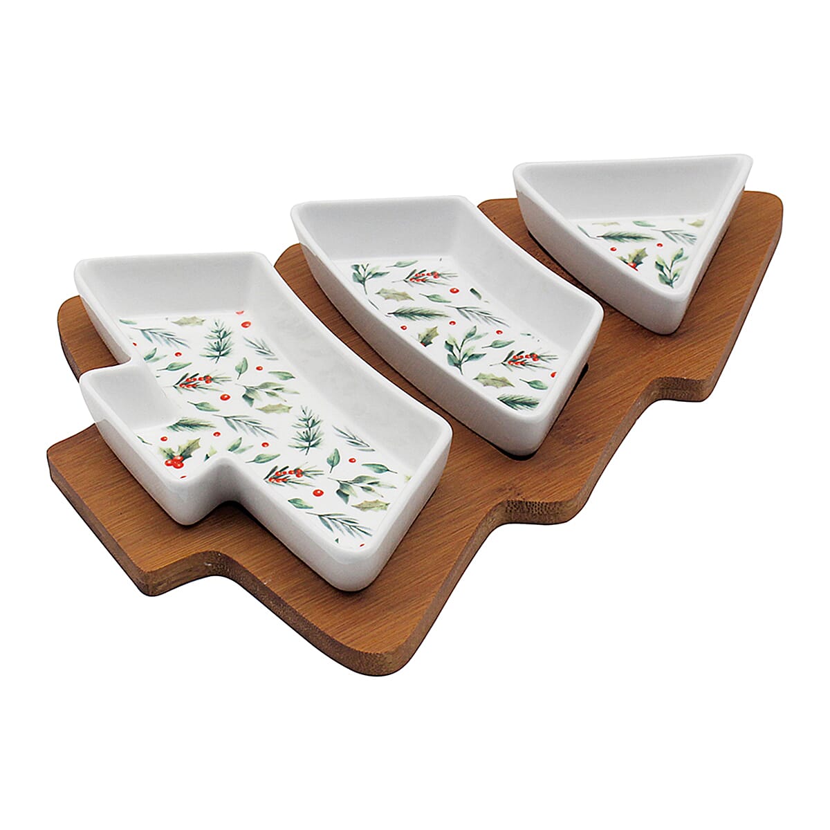 Elements Bamboo Christmas Tree Tray With 3 Plates Snack Set