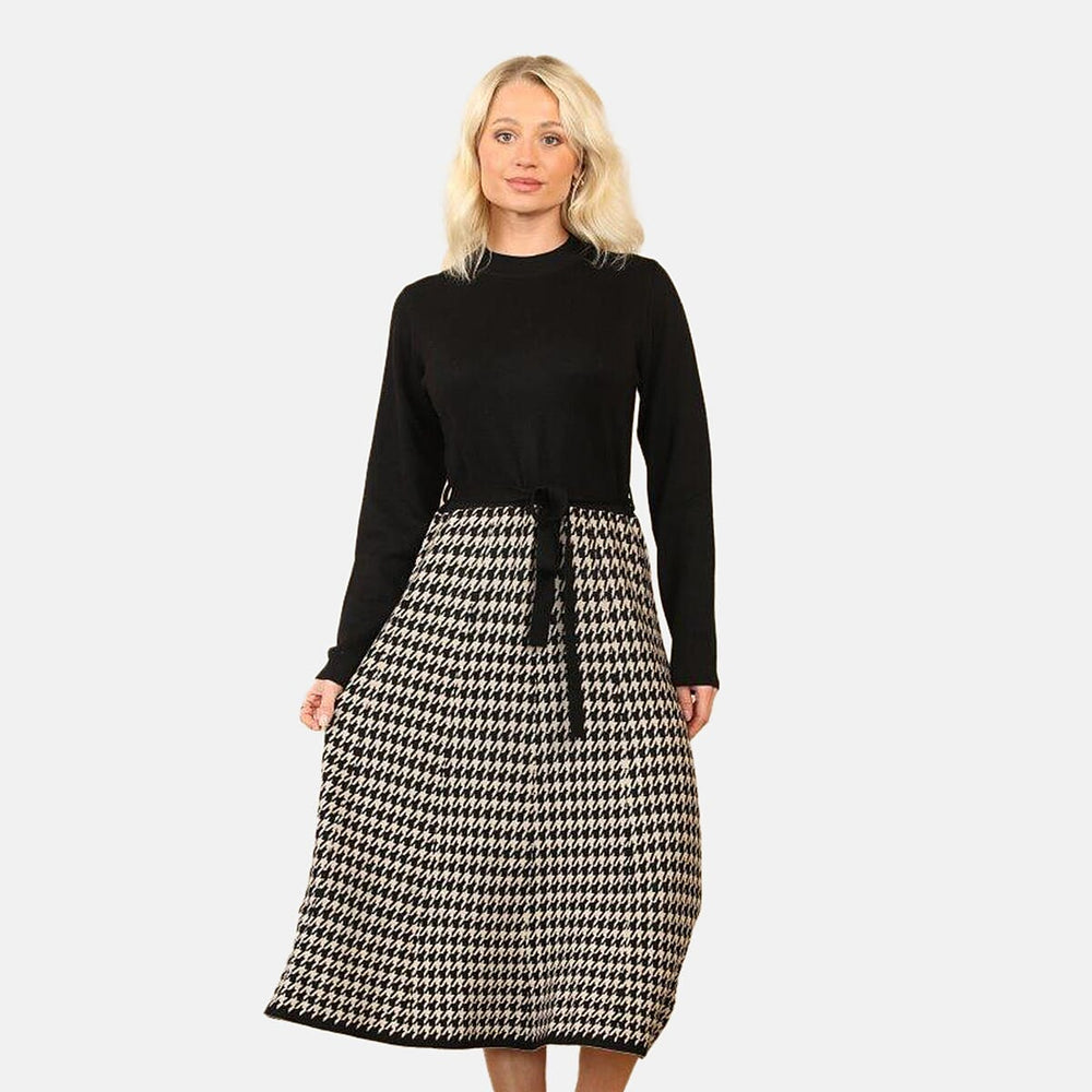 Anamor Elegant Houndstooth Knitted Dress (Size - M-L) - Black