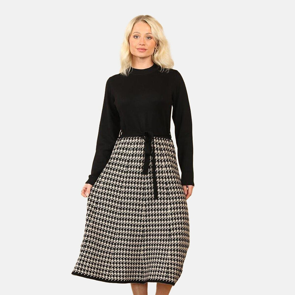Anamor Elegant Houndstooth Knitted Dress (Size - M-L) - Black