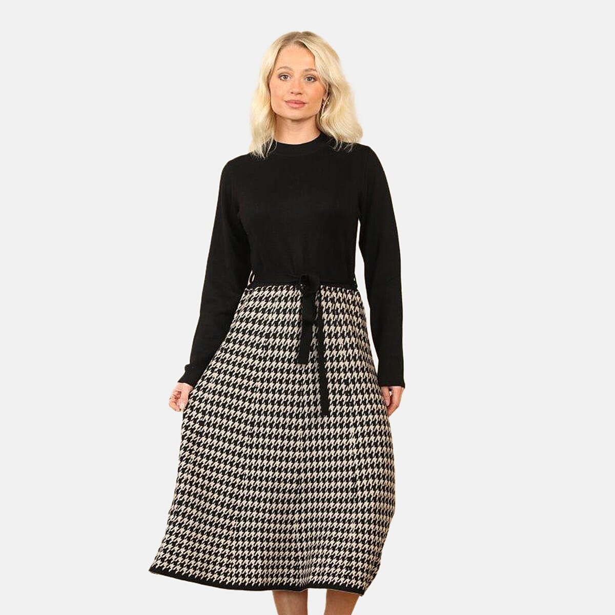 Anamor Elegant Houndstooth Knitted Dress (Size - M-L) - Black