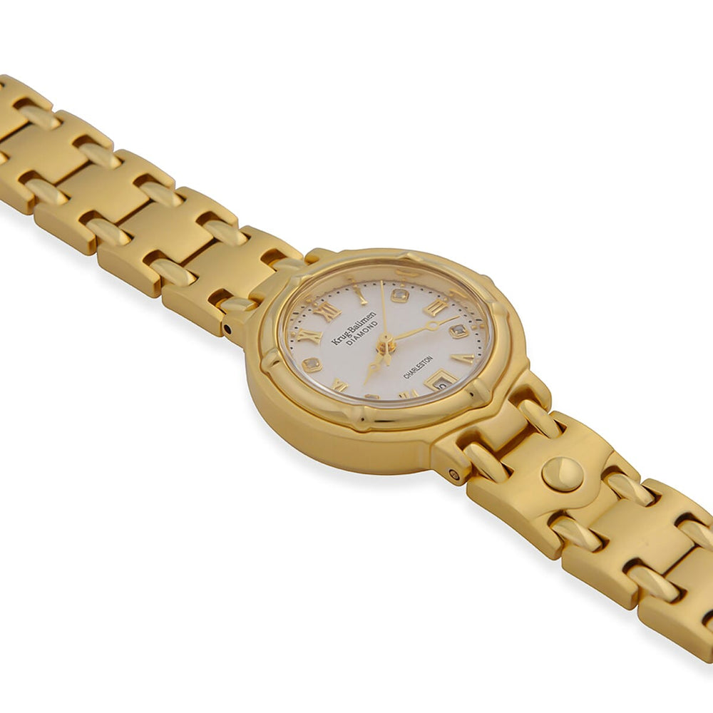 KRUG BAUMEN Charleston Quartz Movt. 3ATM Water Resistant White Dial Ladies Diamond Watch with Gold Colour Stainless Steel Strap and Gold-Tone Case