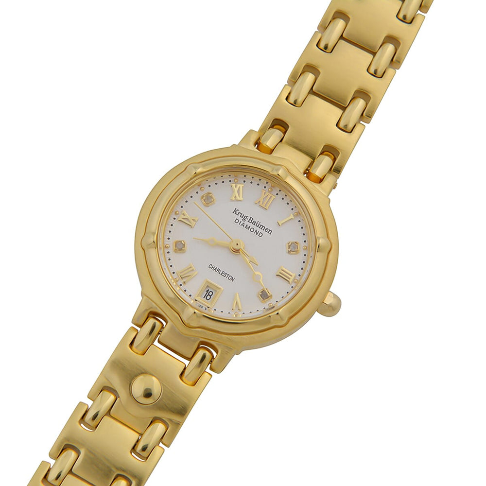 KRUG BAUMEN Charleston Quartz Movt. 3ATM Water Resistant White Dial Ladies Diamond Watch with Gold Colour Stainless Steel Strap and Gold-Tone Case