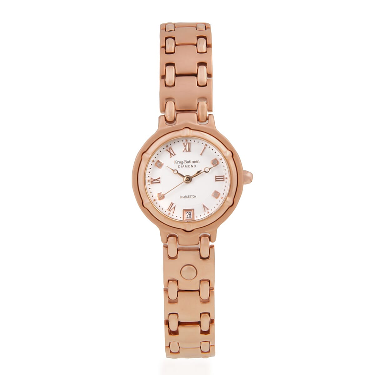 KRUG BAUMEN Charleston Quartz Movt. 3ATM Water Resistant White Dial Ladies Watch with Rose Gold Stainless Steel Chain Strap