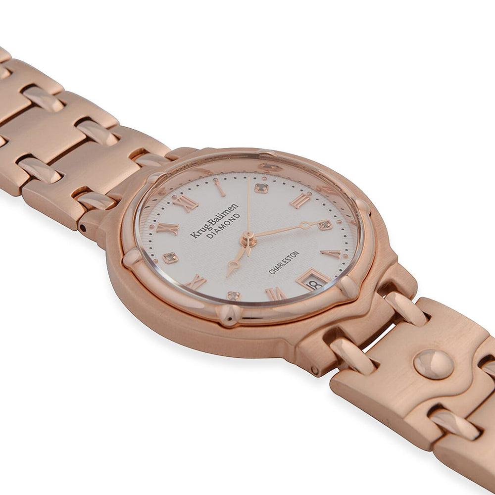 KRUG BAUMEN Charleston Quartz Movt. 3ATM Water Resistant White Dial Women Diamond Watch with Rose Colour Stainless Steel Strap and Rose-Tone Case