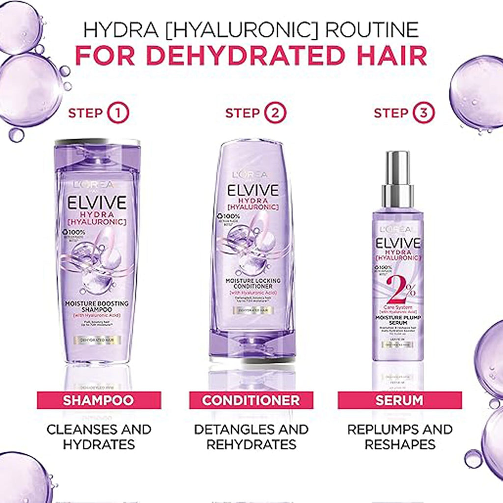 L'oreal Paris Elvive Hydra Hyaluronic 3 Piece Bundle (500ml Shampoo, 400ml Conditioner & 150ml Serum)