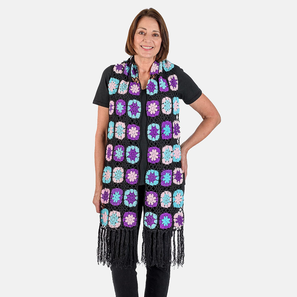Limited Collection La Marey 100% Cotton Hand Crochet Black, Purple - Multi Colour Floral Shawl (160x86x18cm)