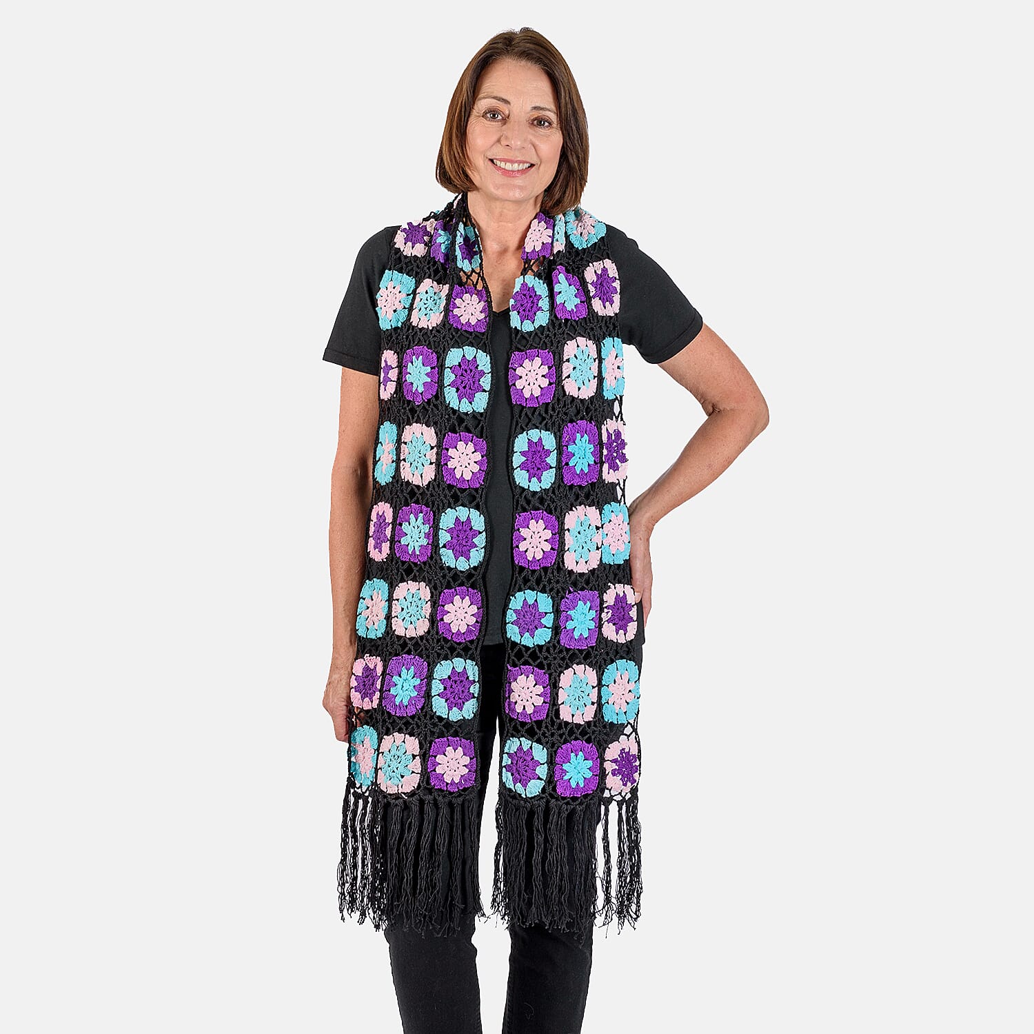 Limited Collection La Marey 100% Cotton Hand Crochet Black, Purple - Multi Colour Floral Shawl (160x86x18cm)