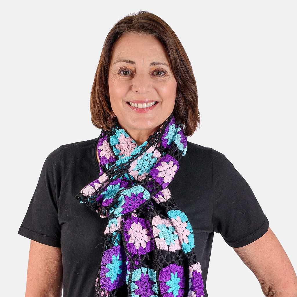 Limited Collection La Marey 100% Cotton Hand Crochet Black, Purple - Multi Colour Floral Shawl (160x86x18cm)