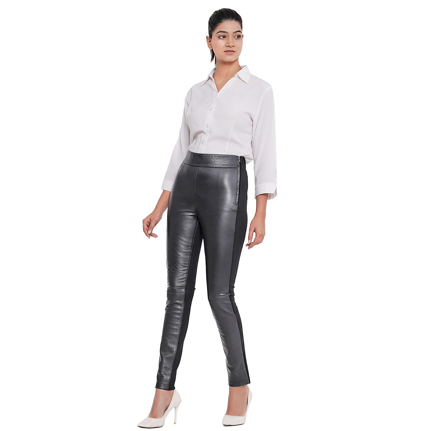 LA MAREY 100% Genuine Leather Ponte Leggings (Size S, 8-10) - Black - Inside Leg -  29 in