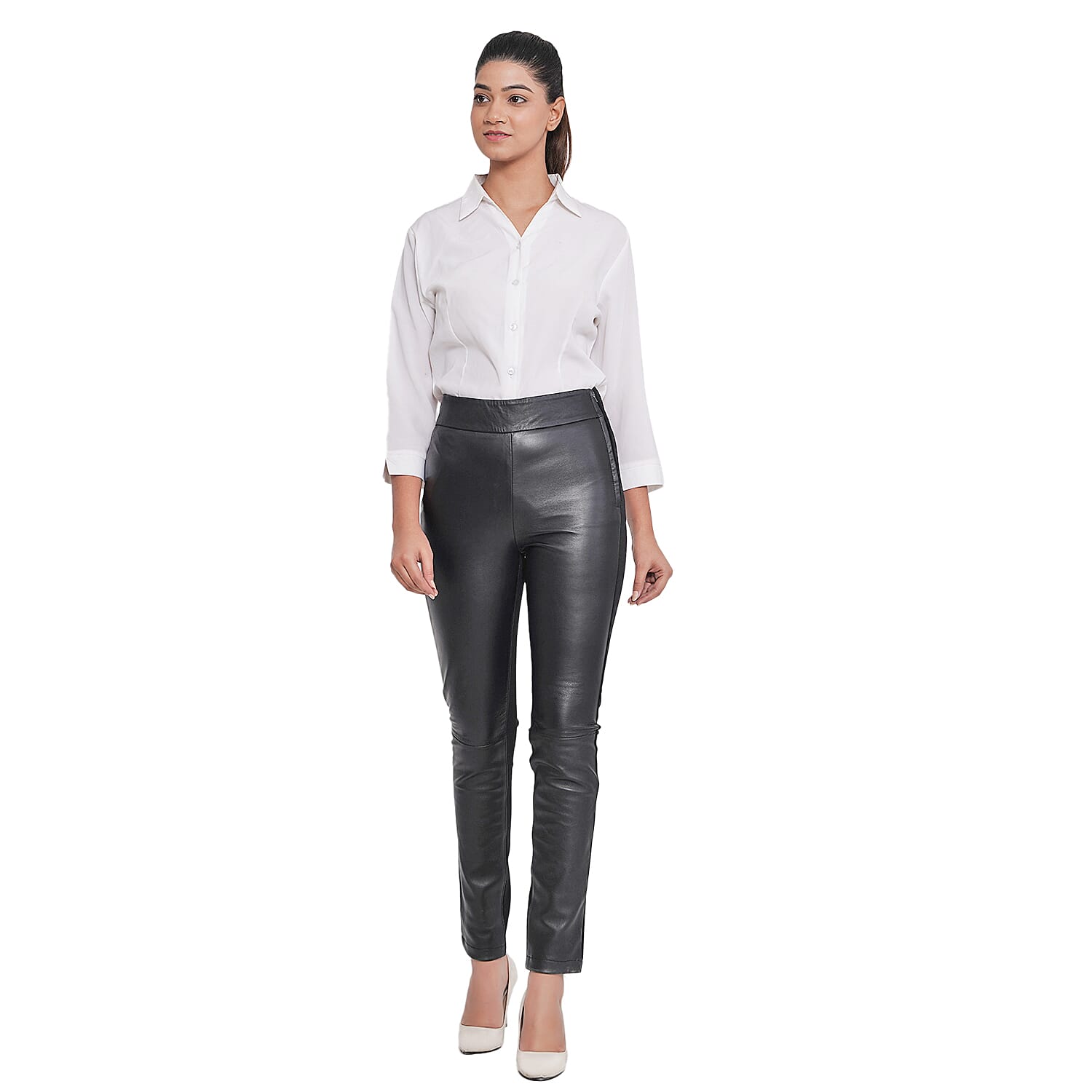 LA MAREY 100% Genuine Leather Ponte Leggings (Size XL, 20-22) - Black- Inside Leg -  29 in