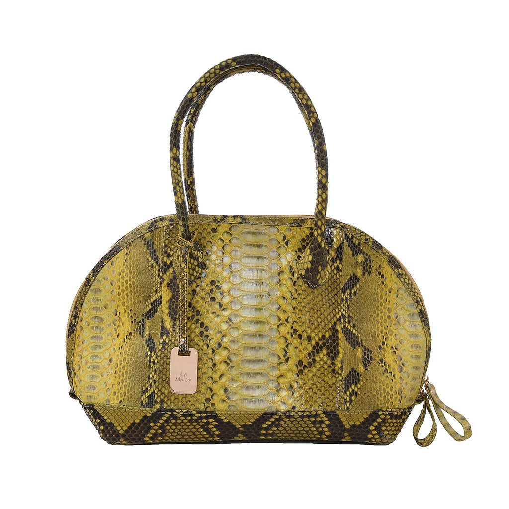 LA MAREY 100% Genuine Python Leather Snake Skin Pattern Tote Bag with Zipper Closure - Yellow